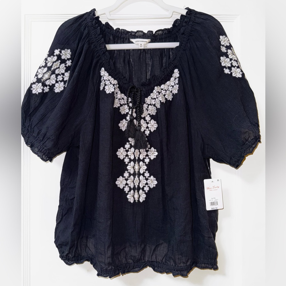 Lucky Brand Black Peasant Blouse with White and Silver Floral Embroidery